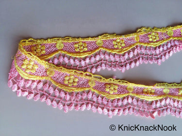 Pink And Yellow Embroidery Crochet (Cotton) Lace Trim 60mm Wide